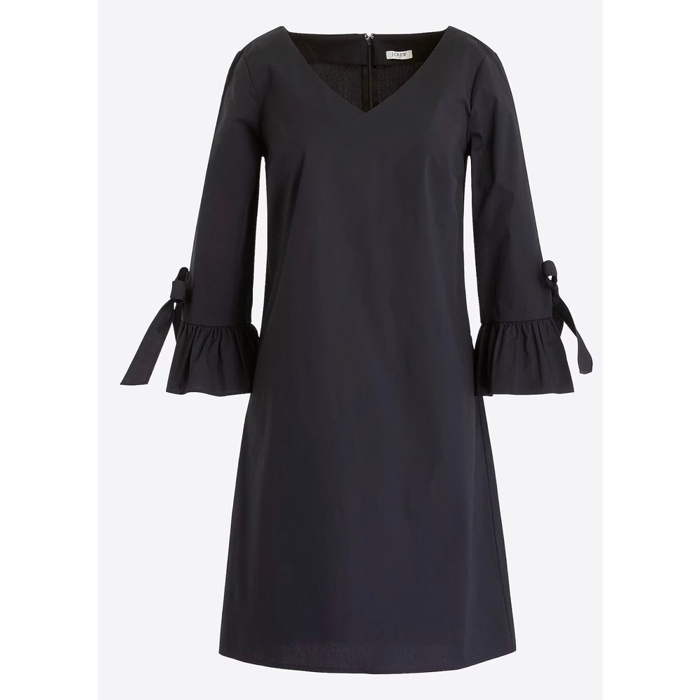 J.Crew Black V-Neck Ruffle Tie Sleeve Cotton Poplin Shift Dress Size 2 G7108